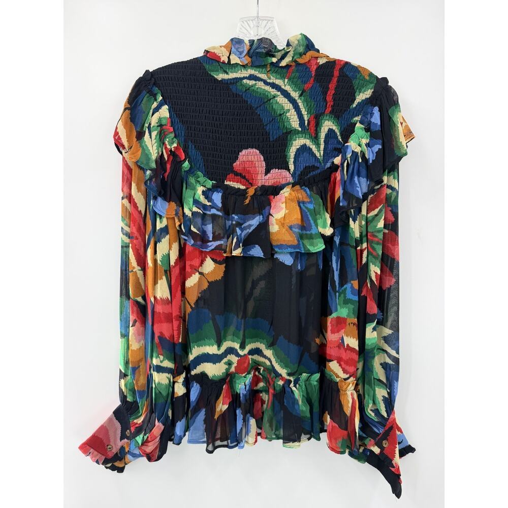 Farm Rio Women's Abstract Multicolor Ruffle Collared Smocked Blouse Size XS - Picture 9 of 11